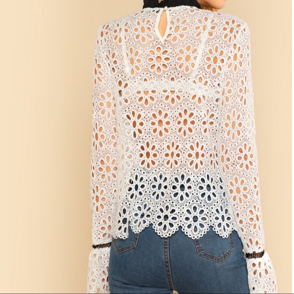 White Eyelet Blouse Ruffle Black Lace Boho Top - Picture 3 of 8